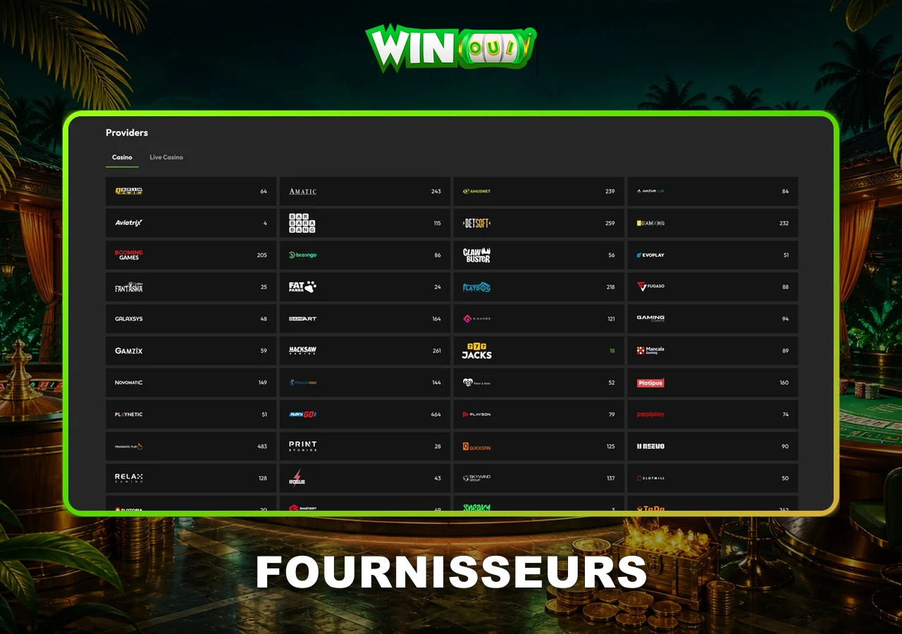 Fournisseurs de jeux affichés sur WinOui Casino